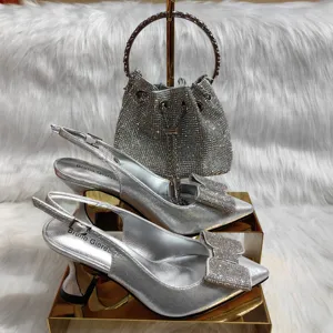 OEM Original factory manufacturing Bruno Giordano Rhinestone Silver High quality Shiny Medium high heel shoes with bag