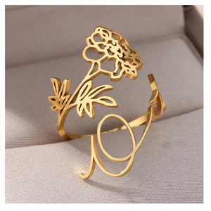 Anillo de nombre de flor de cumpleaños de 12 meses, accesorios de joyería de moda de acero inoxidable, anillo clásico con nombre de flor - Product Image 3