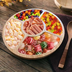 Round Bamboo <b>Tray</b> 4-7 Compartments Oriental Design For Table Food <b>Storage</b> - Product Image 3
