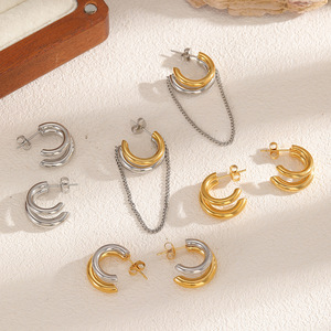 Pendientes de acero inoxidable con forma de C de doble capa geométrica, color oro y plata, a la moda para mujer - Product Image 1