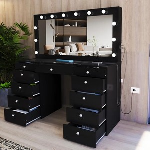 Coiffeuse avec miroir de maquillage, 6 <span class=keywords><strong>tiroirs</strong></span>, couleur <span class=keywords><strong>noire</strong></span>, table de toilette pour chambre à coucher, avec éclairage LED moderne - Product Image 6