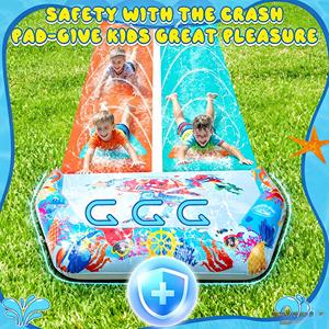 Tobogán Acuático Doble de PVC con Diseño Oceánico, Aspersor y Almohadilla de Impacto para Niños, Diversión en el Patio Trasero - Product Image 4