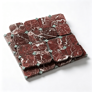 Mosaïque de marbre Rosso Levanto Octagon, dos en maille, 300x300mm, avec copeaux carrés de marbre vert pour décoration murale intérieure - Product Image 5