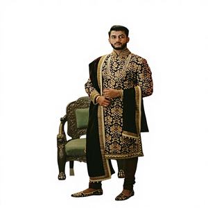Elegante Traje de Novio Sherwani de Seda con Bordado Intenso, Cuentas de Cristal y Cierre de Cremallera - Product Image 3