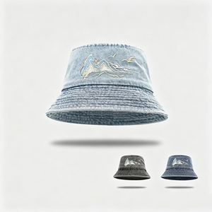 Denim Bucket <b>Hat</b> with Mountain Embroidery, Wide Brim Sun <b>Hat</b> for Men Women Casual Outdoor - Product Image 4
