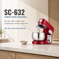Robot pâtissier compact 3L 700W, 6 vitesses avec crochet pétrisseur et fouet pour la pâtisserie maison, certifié CB CE GS ETL BSCI ISO9001