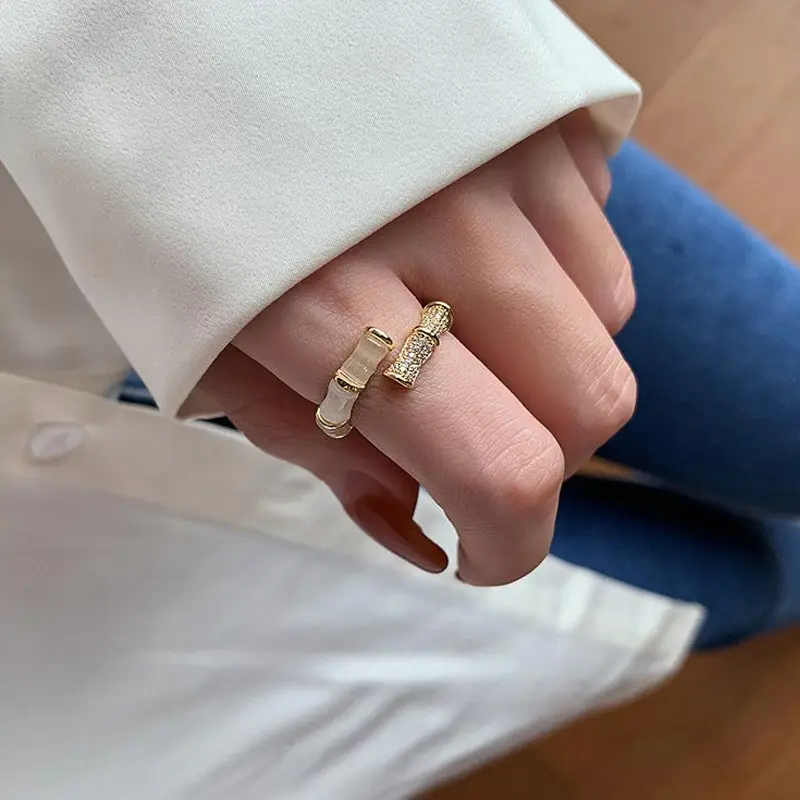 SC New Fashion anelli placcati in oro zircone lucido anelli regolabili aperti anelli di bambù di giada di pietra di occhio di gatto di lusso per le donne