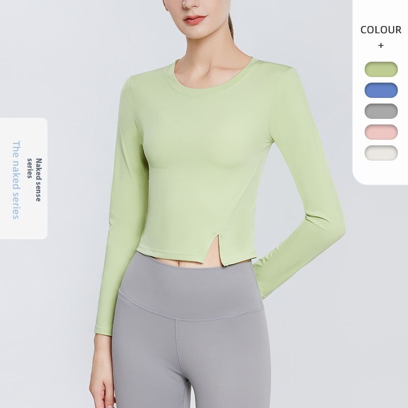 European American Women's Long-Sleeved Yoga Top Spandex/Nylon V-neck Quick-Drying Breathable Slimming Front Hem Cross-Border Top