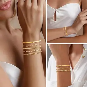 Gold Cuff Bracelet 14K Gold Plated Stacked Set Adjustable Bracelet Cuff/Beads/Paper Clips/Figaro/Cuban Chain Bracelet