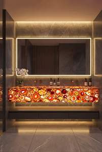 Encimera de Piedra Semipreciosa de Ónix Rojo Translúcido Retroiluminado de Lujo para Baños de Hoteles y Centros Comerciales - Product Image 3