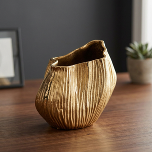 Elevated Bloom Modern Bronze Tabletop <b>Vase</b> Handmade With Ribbed Texture <b>Gold</b> Finish Decorative Art Piece - Product Image 6
