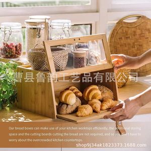 Wooden Bread <b>Storage</b> <b>Box</b> Double Layer With Glass Door Kitchen Organizer 15.73in Length Bamboo Bread <b>Box</b> - Product Image 4