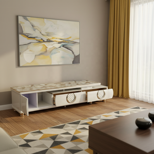 Meuble <span class=keywords><strong>TV</strong></span> et Table Basse Modernes en Bois, Design Panneaux, Blanc Brillant, avec Étagères en Verre Trempé, Convient aux Téléviseurs de <span class=keywords><strong>65</strong></span> Pouces, pour Salon - Product Image 4
