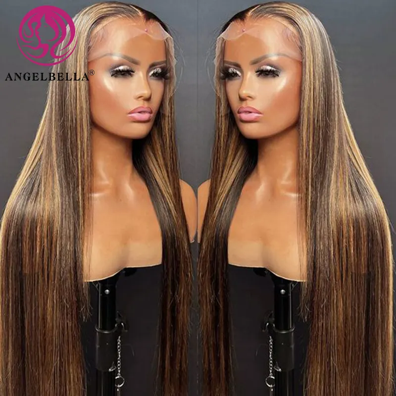 Angelbella 13x6 Hd Cabelo Humano Lace Front Wig Fornecedores 30 Polegada Raw Cambojano Glueless Wig Destaque Cor Glueless Peruca De Cabelo Humano