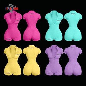 Mono de una pieza con cremallera, de verano, manga corta, para gimnasio, ajustado, para entrenamiento, personalizado, con cuello en V, para mujer - Product Image 1