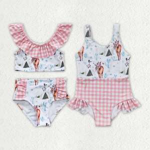 Traje de Baño de <span class=keywords><strong>Dos</strong></span> Piezas para Niñas, Estampado de Caballos y Cactus del Oeste, con Volantes y Cuadros Rosas, Venta al Por Mayor - Product Image 4
