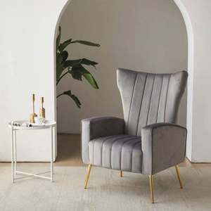Moderne <span class=keywords><strong>Confortable</strong></span> Simple Wingback Accent Chaise Style Nordique Milieu Du Siècle Gery Velours Tissu Chambre Hôtel <span class=keywords><strong>Petit</strong></span> <span class=keywords><strong>Fauteuil</strong></span> Lecture - Product Image 1