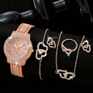 6128 Luxury Full Diamond Women Watch Steel Band Gold Ladies Quartz Wrist Watches With 4pcs Jewelry Sets For Party