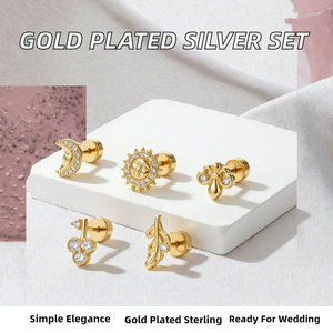 Pendientes de Plata de Ley 925 Chapados en Oro con Circonita Cúbica, Diseño de Sol, Hoja, Llave y Abeja, Set de Joyería Fina para Regalo - Product Image 2