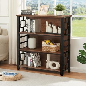 <span class=keywords><strong>Bibliothèque</strong></span> <span class=keywords><strong>basse</strong></span> et large en bois et métal brun rustique avec quatre niveaux de rangement profonds. Cette étagère compacte et courte convient aux petits salons - Product Image 5