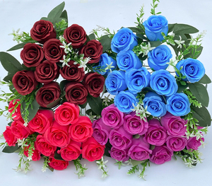 Arrangement floral de mariage à 18 têtes de roses artificielles en soie, rouge et <span class=keywords><strong>bleu</strong></span>, bouquet de fleurs artificielles pour centre de table - Product Image 5
