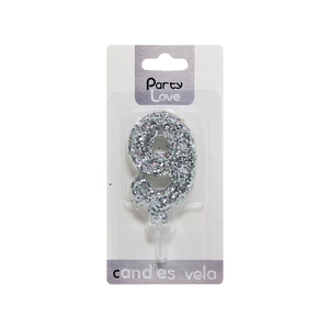 Vela de Cumpleaños con Número 9 y Purpurina Plateada, 6 cm, de Party Love - Product Image 1