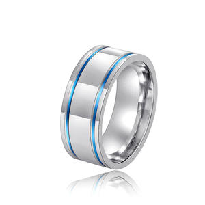 Anillo de Boda para Hombre de Acero Inoxidable con Incrustaciones Azules, Diseño Geométrico Moderno DJ078 - Product Image 1
