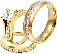 Ensemble d'anneaux de couple en cuivre, design dragon, plaqué or, cristal carré, zircone cubique, anneaux de fiançailles et de mariage