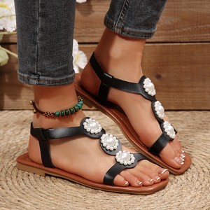 Women Square Toe Pearl Flat <b>Sandals</b> <b>Elastic</b> Ankle Strap Summer Casual Outdoor Walking <b>Sandals</b> - Product Image 2