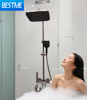 Ensemble de douche de salle de bain en laiton massif 4 fonctions avec douchette à main, commande à touches piano, étagère pratique et jets de massage, incluant des pommes de douche effet pluie