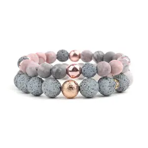 2020 Ins Popular Pink Volcanic Stone Lava Stone Braided w Diamond Bracelet Bangle Natural Stone Yoga Energy Bracelet