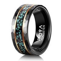 Bague classique en carbure de tungstène martelé noir de 8 mm avec incrustation de pierre turquoise écrasée et double ligne dorée, alliance unisexe pour mariage et fiançailles
