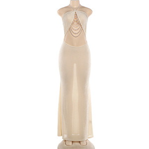 Abito Aderente Senza Schienale Decorato con Perle per Donna, Stile Estivo Disponibile in Albicocca, Taglie da <span class=keywords><strong>S</strong></span> <span class=keywords><strong>a</strong></span> <span class=keywords><strong>L</strong></span> - Product Image 6