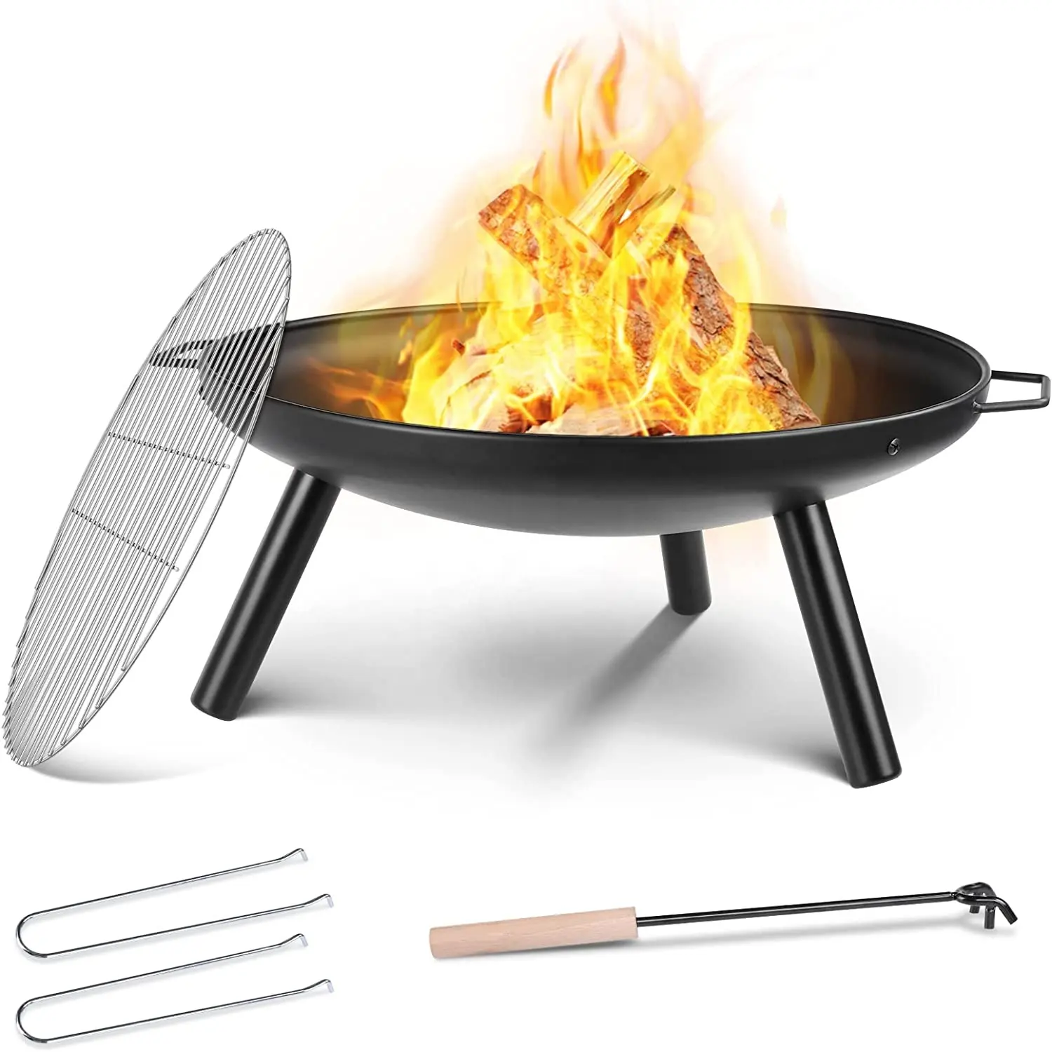 Yeni tasarım 24 inç 60cm açık kamp ateş çukuru bahçe kase şekline mangal pişirme ızgarası ile