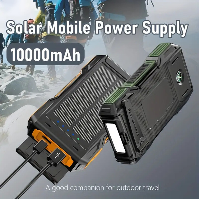 Portable Hand Crank Solar Plastic Power Bank 10000mAh LED Flashlight Waterproof Compass Safe-Protection for Outdoor Emergency
