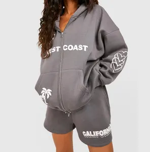 Boy kadınlar spor joggers set şort ile yüksek kalite pamuk polar özel kadınlar hoodie 2 parça set