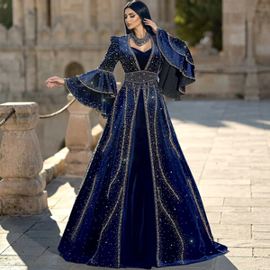 Elegante Vestido de Gala Azul Marino de Terciopelo con Cuello en V, Adornos de Cuentas, Largo hasta el Suelo, Manga Capa, Cintura Natural, Vestidos de Fiesta - Product Image 1