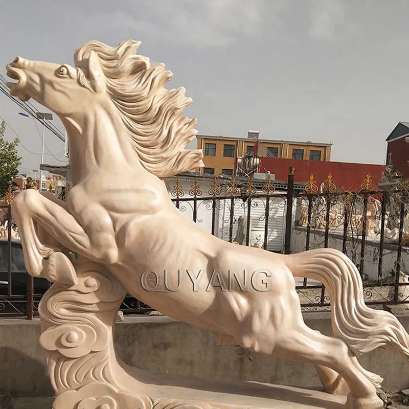 QUYANG-estatua de gran tamaño para decoración de jardín al aire libre, escultura de caballo corriendo de mármol blanco, estatua de Animal de piedra Natural