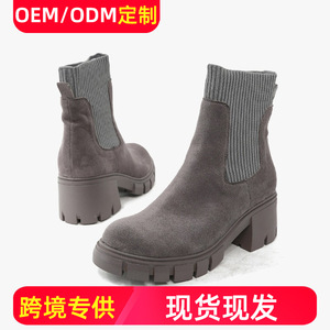 Bottines Chelsea pour femmes, bout rond, en faux daim, semelle extérieure en caoutchouc antidérapante, style automne, fermeture à lacets - Product Image 5