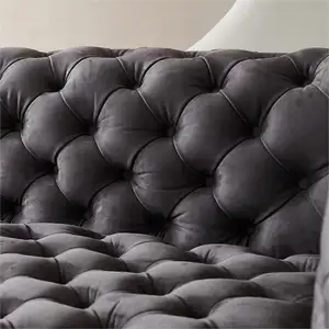 Modern Italian Chesterfield Genuine Leather Living Room Villa Furniture Button Tufted Grey Sofas Sets