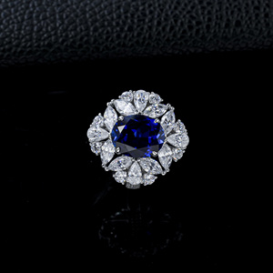 925 Sterling Silver Lab Created Sapphire Oval Cut Floral Halo <b>Statement</b> <b>Ring</b> - Product Image 4