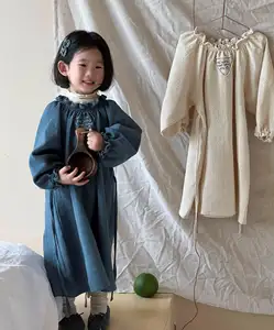Autumn New Korean Children's Wear Girls' Dress Cute Retro Patch Long Sleeve Cotton Baby Dress