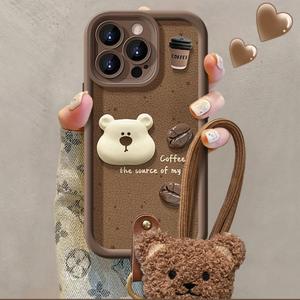 Nouvelle <span class=keywords><strong>coque</strong></span> de téléphone en similicuir texturé motif tête d'ours 3D et grains de café pour <span class=keywords><strong>iPhone</strong></span> 16 15 Pro Max <span class=keywords><strong>avec</strong></span> <span class=keywords><strong>cordon</strong></span> tressé marron - Product Image 2