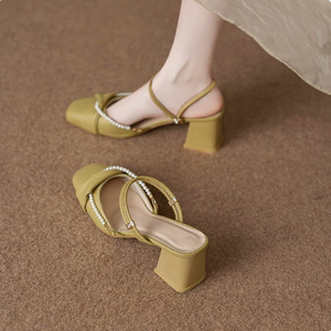 Nuovi Sandali Estivi da Donna <span class=keywords><strong>con</strong></span> Punta Quadrata e <span class=keywords><strong>Tacco</strong></span> Grosso, Design <span class=keywords><strong>con</strong></span> Perle e Arricciature, Indossabili in Due Modi, per Appuntamenti, Ufficio e Uso Quotidiano - Product Image 3