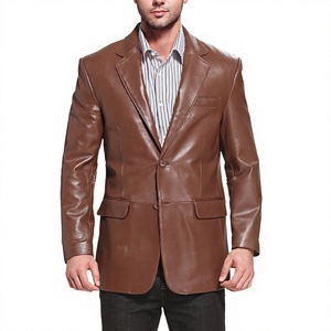 <b>Men's</b> Brown <b>Leather</b> <b>Blazer</b> Turn-Down Collar Single Breasted Smart Casual Autumn Wear Regular Fit - Product Image 1