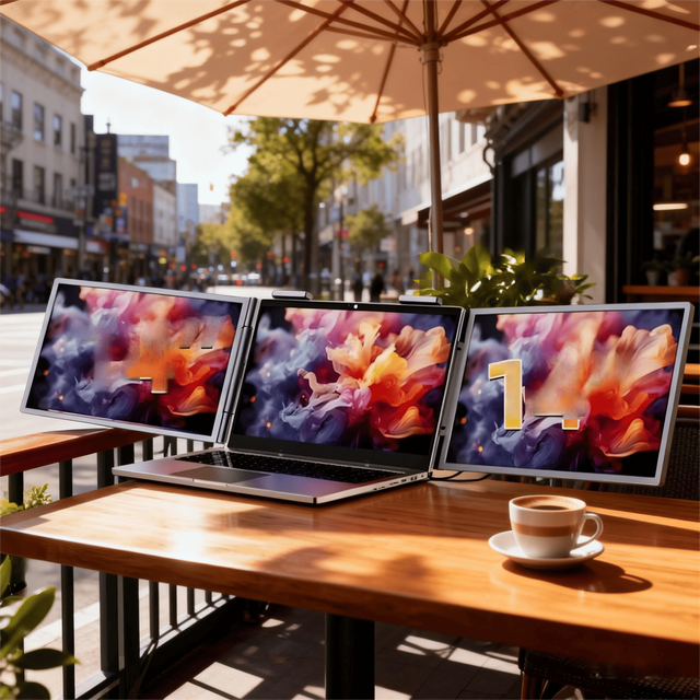 All-in-One Triple Portable Monitor for Laptop, 3x 14" IPS Screens with Adjustable Stand for Office & Trading
