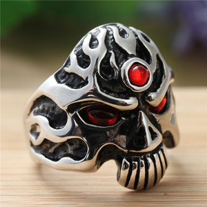 Skeleton Flame <b>Skull</b> <b>Ring</b> Silver Red Eye Bezel Setting Men's Fashion Jewelry Gift - Product Image 1