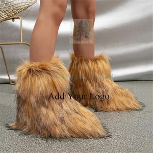 2025 Factory Wholesale Winter Fluffy Faux Fur Raccoon Women's Flat Heel Middle Sleeve <strong>Fury</strong> Boots Snow Boots with Fur - Product Image 1