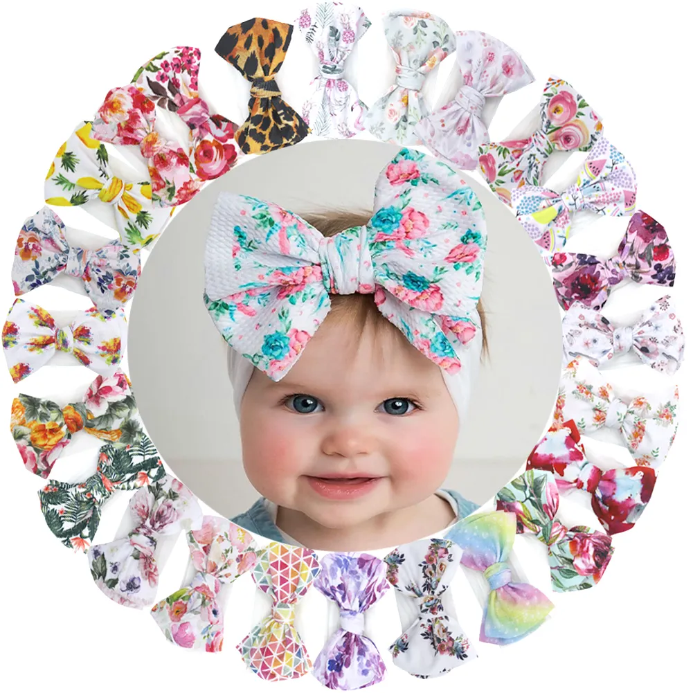 Elastic bows baby turban headwrap Soft colorful bullet fabric headband Baby Girl Hairband Floral Print Headband