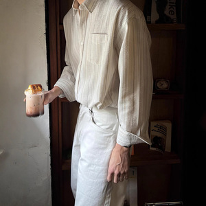 Chemise à manches longues en coton mélangé pour homme, rayures abricot, sans plis, décontractée, printemps-été, coupe jeune - Product Image 3